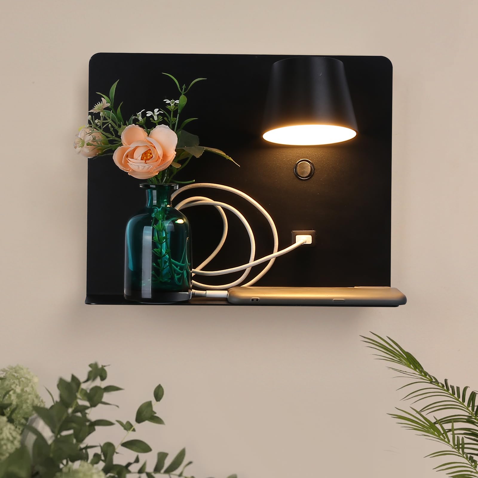 Photo 1 of COSYLUX LED Plug in Wall Sconce with Shelf, Cordless Metal Reading Wall Lamp for Bedroom, Living Room, 6W, 450lms, 2700K Rotatable Modern Wall Light Fixtures with USB Charging Port, Black
