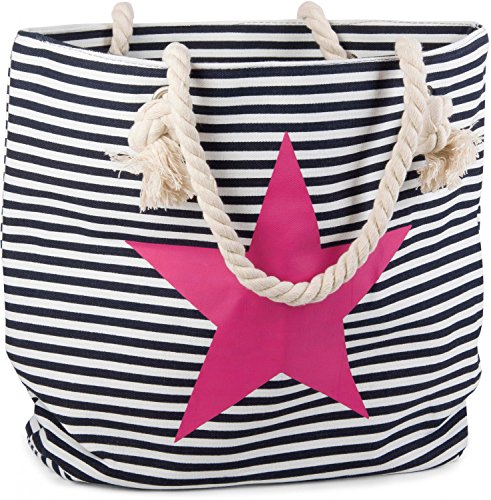 styleBREAKER Strandtasche in Streifen Optik mit Stern, Schultertasche, Shopper, Damen 02012037, Farbe:Marine-Weiß/Pink – Bild 3