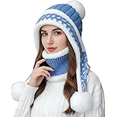 HUAMULAN Women Winter Beanie Hat Circle Scarf Set Pompoms Ski Snow Ear Flaps Sherpa Knit Hats Neck Warmer Set