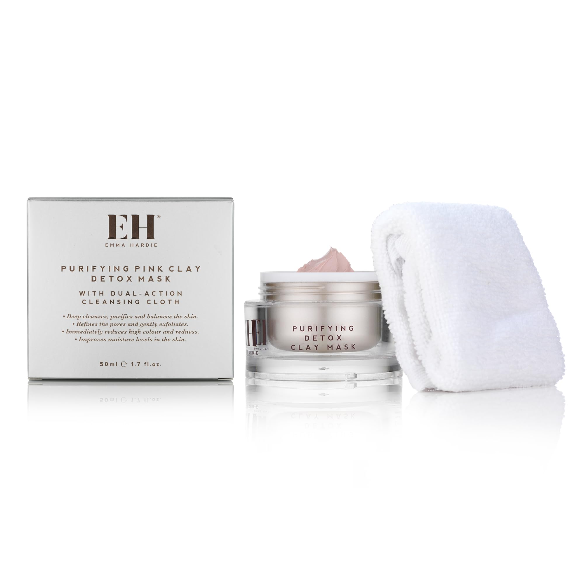 Emma Hardie 50ml Purifying Pink Clay Detox Mask with Cleansing Cloth, Use to Cleanse, Balance, Exfoliate & Rejuvenate Skin, Suitable for Most Skin Types, Including Sensitive Skin, Vegan & Cruelty Free