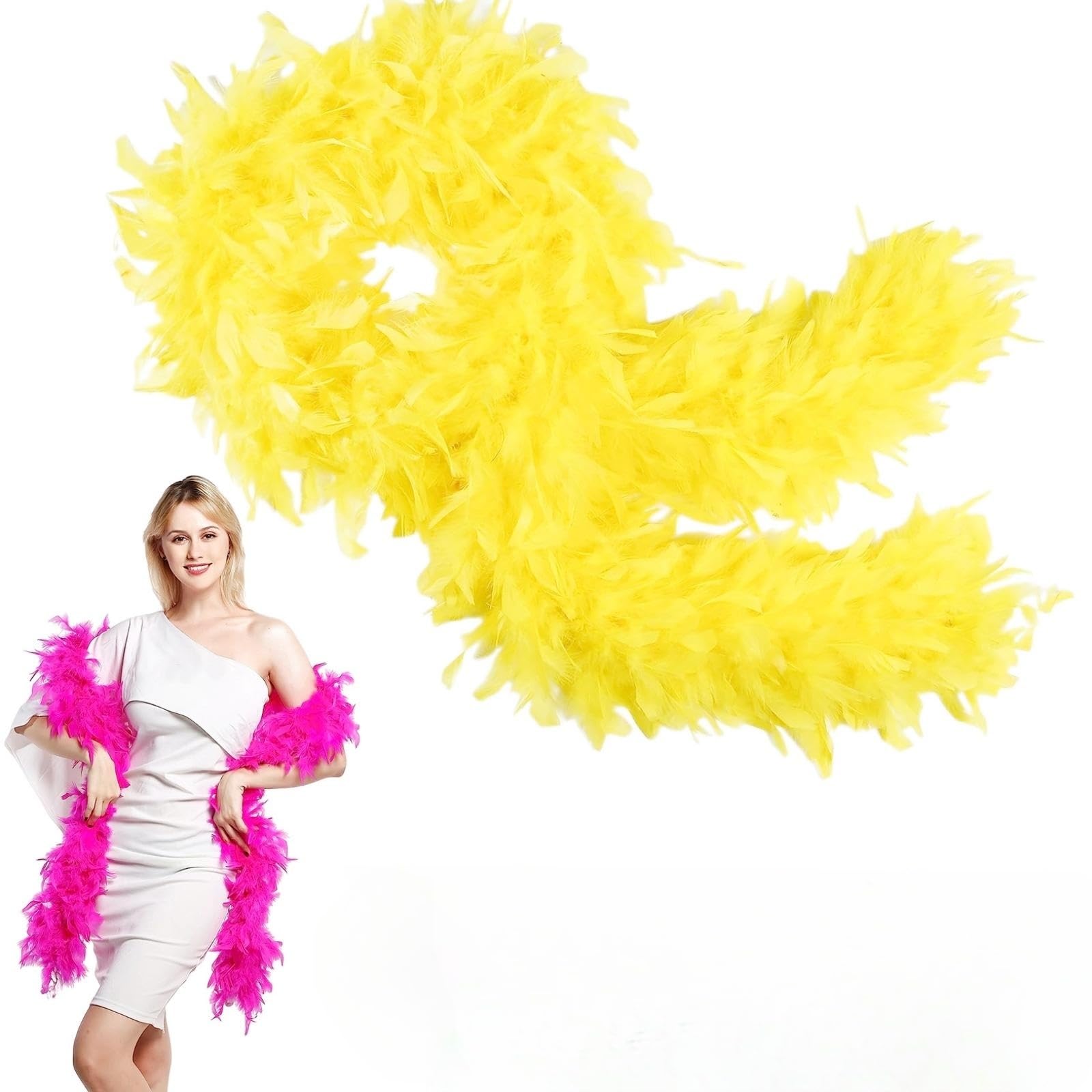 80g Yellow Feather Boa Thick Fancy Dress for Adults,Kids,2m/6.6ft Natural Turkey Feather Boa Yellow,Party Fluffy Boa Feather Scarffor Bulk for Women,Girls,Wedding Bachelor Halloween Christmas Party
