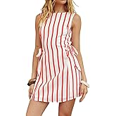 MASKAZU Woman's Casual Sleeveless Side Tie Mini Striped Dress