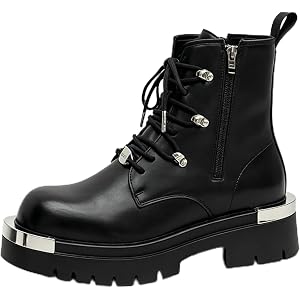 HSGMXGIXS Men'S Black Patent Leather Platform Combat Boots with Side Zipper Wide Toe Chunky Lug Sole Motorcycle Boots Comfort