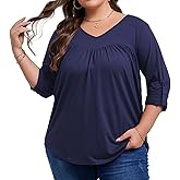 Corfrute Plus Size Tops for Women 3/4 Sleeve Tops V Neck Blouses Summer Loose Fit Tunic Blouse(1X-4XL)