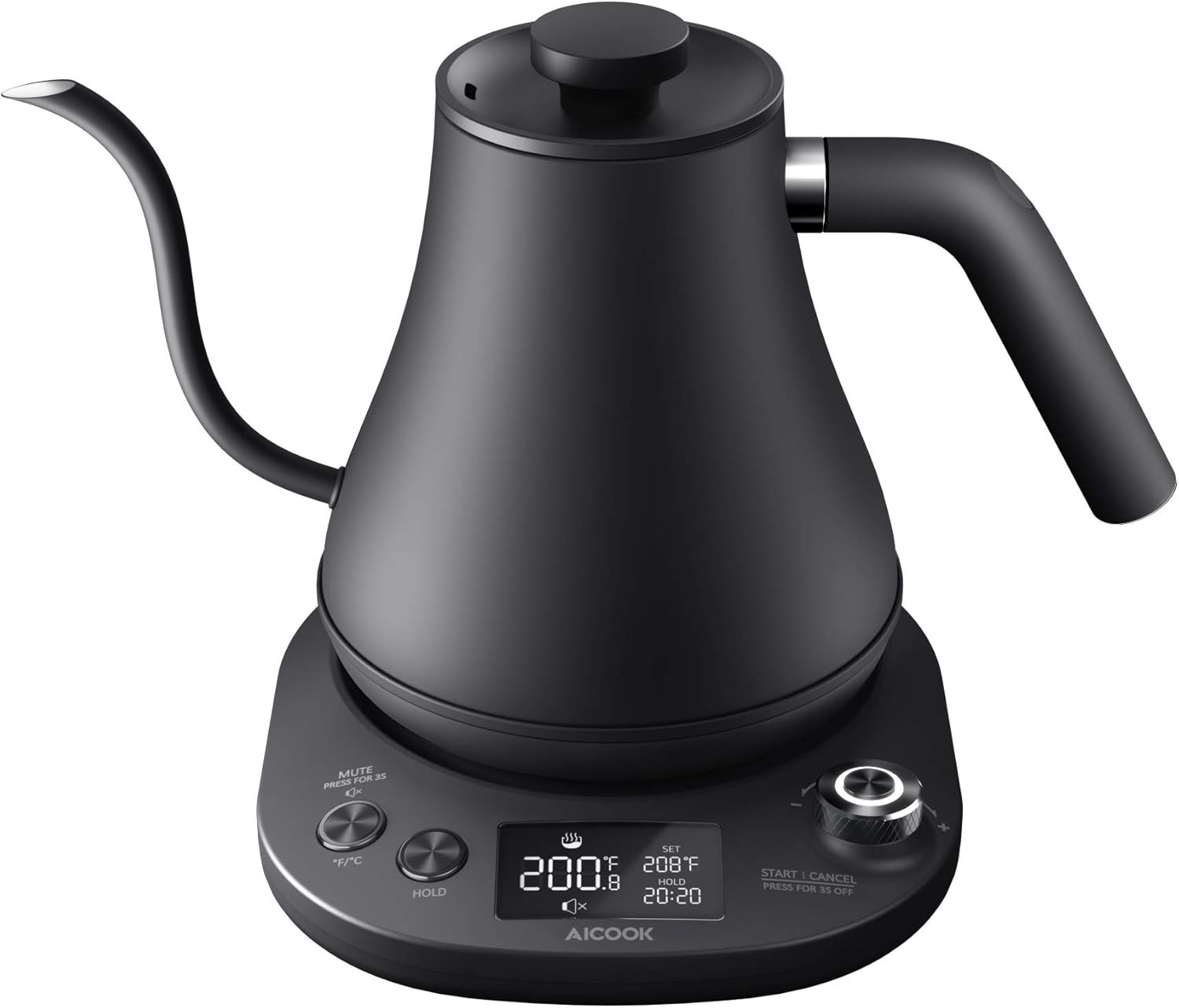 Aicook Electric Gooseneck Kettle Temperature Control, Pour Over Kettle for Coffee and Tea, 100% Stainless Steel Inner Lid and Bottom, 1200W Rapid Heating, 0.8L, Matte Black: Kitchen & Dining