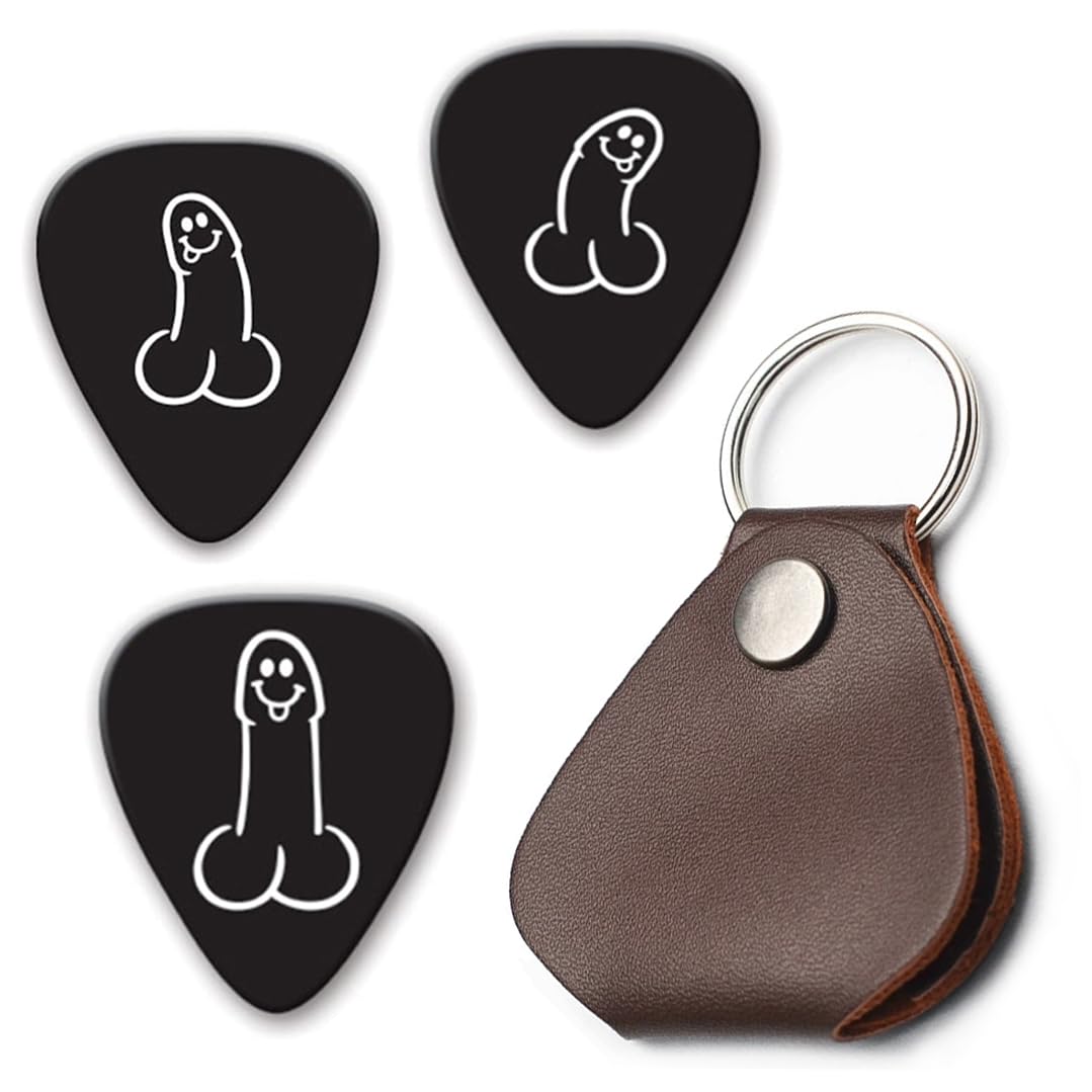 Pack of 3 DickPicks with Genuine Leather Plectrum Holder Keyring - Choose between Floppy, Semi or Stiffy (Mixed)