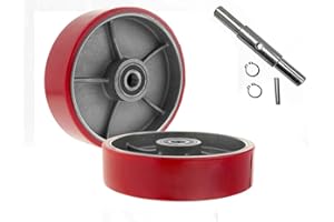 Pallet Jack/Truck Steering Wheels Set with Axle, Fasteners and Protective Caps, 7" x 2" with Bearings ID 20mm Poly Tread Red 