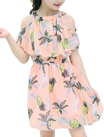 Amazon Co Jp Heaven Days ヘブンデイズ 半袖 ワンピース 女の子 キッズ 子供服 幼児 ミニ丈 パイナップル柄 オープンショルダー 1908e03 服 ファッション小物