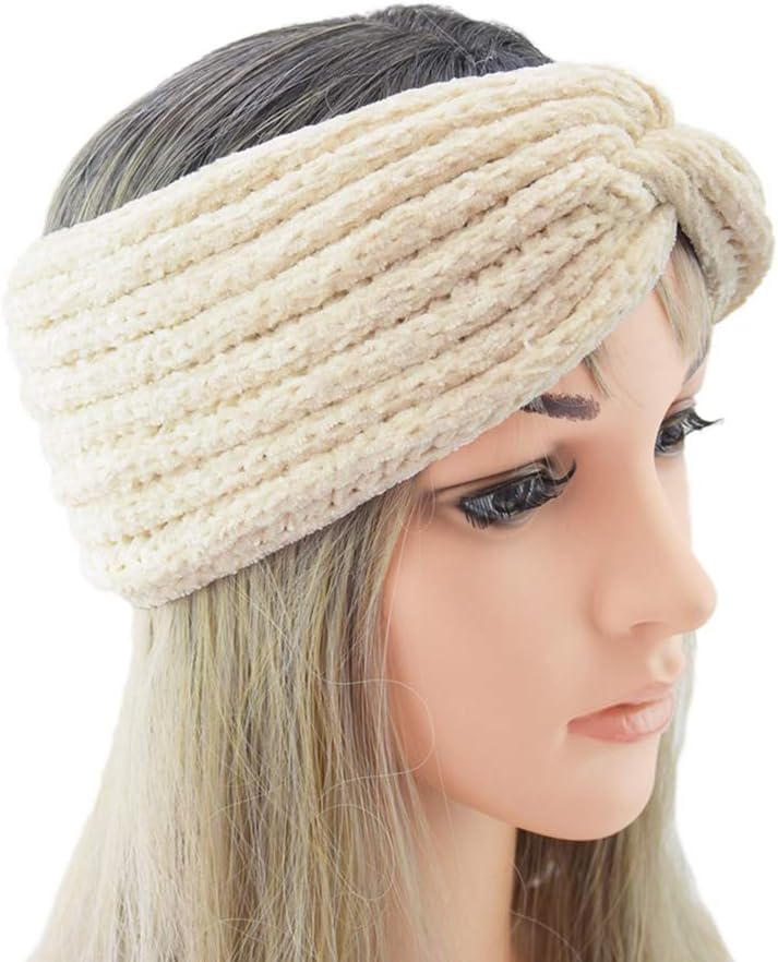 Lurrose Knitted Winter Headband Cross Head Wrap Woolen Yarn Hair Band Elastic Ear Warmer Headdress for Sports Makeup (White) - Image 3