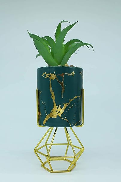 Artificial Plant with Pot Mini Potted Fake Succulent with Golden Metal Stand for Flower Arrangements Ceramic (Green Marble)