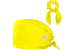 FVQL Scrub Caps Women, Adjustable Surgical Cap with Button & Sweatband, Yellow Color, Tie Back Scrub Hat, 1 Pack Nurse Hat with Hair Scrunchy