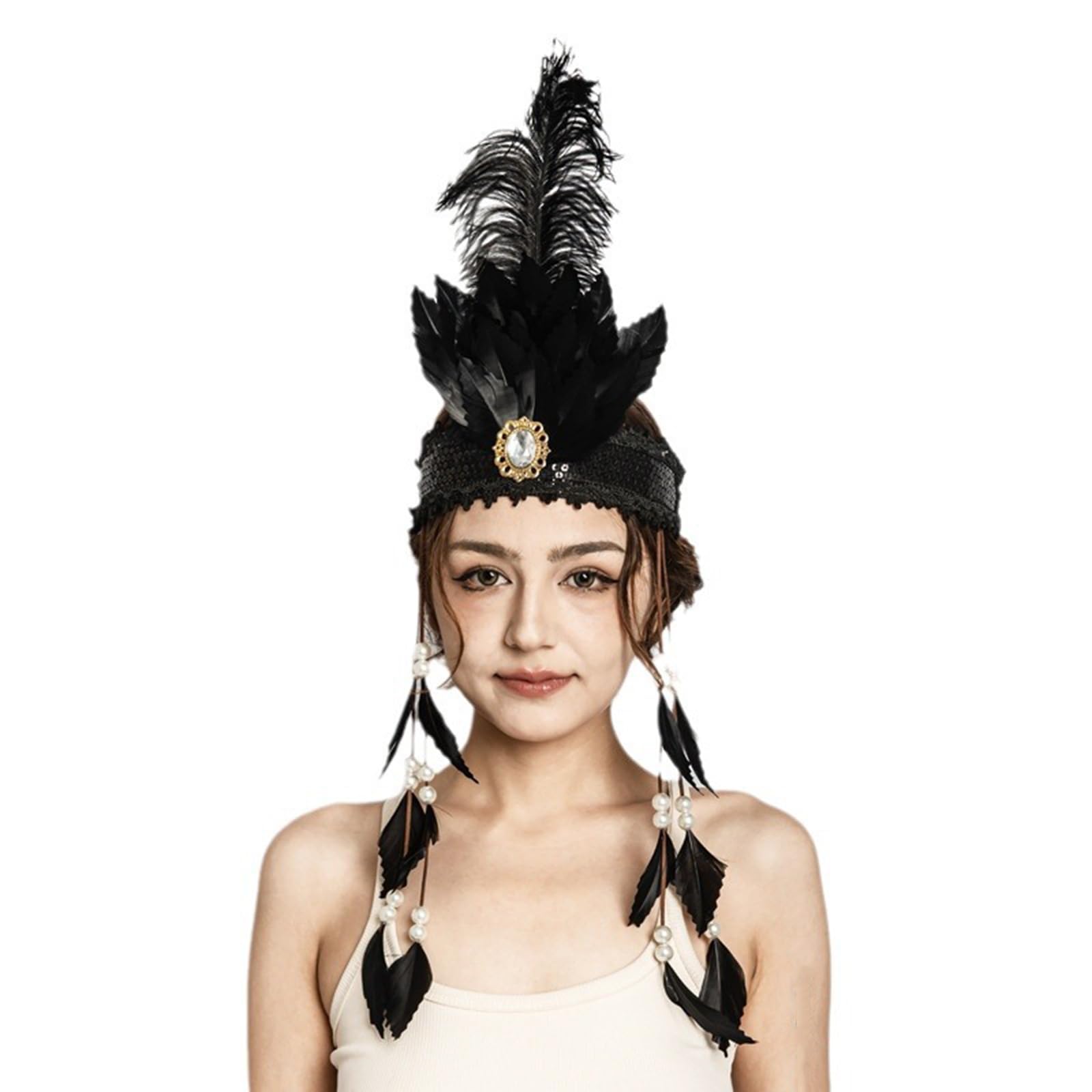 Ladies Indian Feather Headband Bohemian Tassel Sequin Crown Hippie Headdress Tribal Headpiece Indian Fascinator Headwear Boho Hair Accessories for Halloween Cosplay Party Festival Costume Accessories