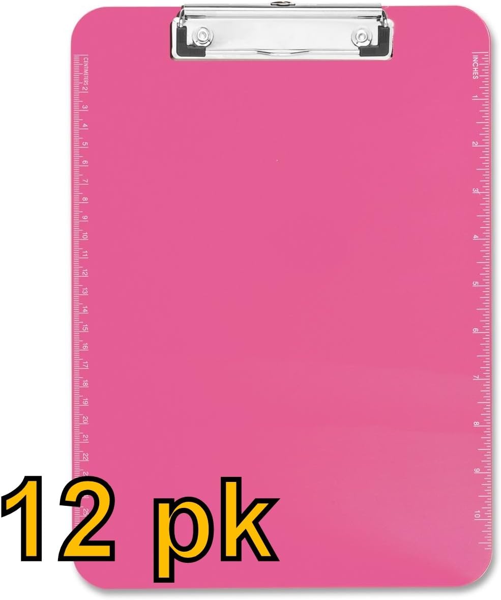Value Pack of 12 - Low Profile Plastic Clipboards, letter size (Pink)