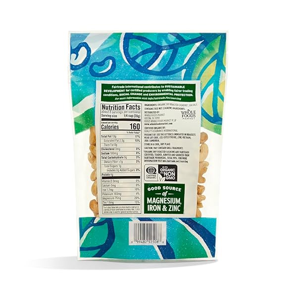 WHOLE FOODS MARKET, CASHEWS DRY ROASTED SEA SALT FAIR TRADE ORGANIC 8 OUNCE