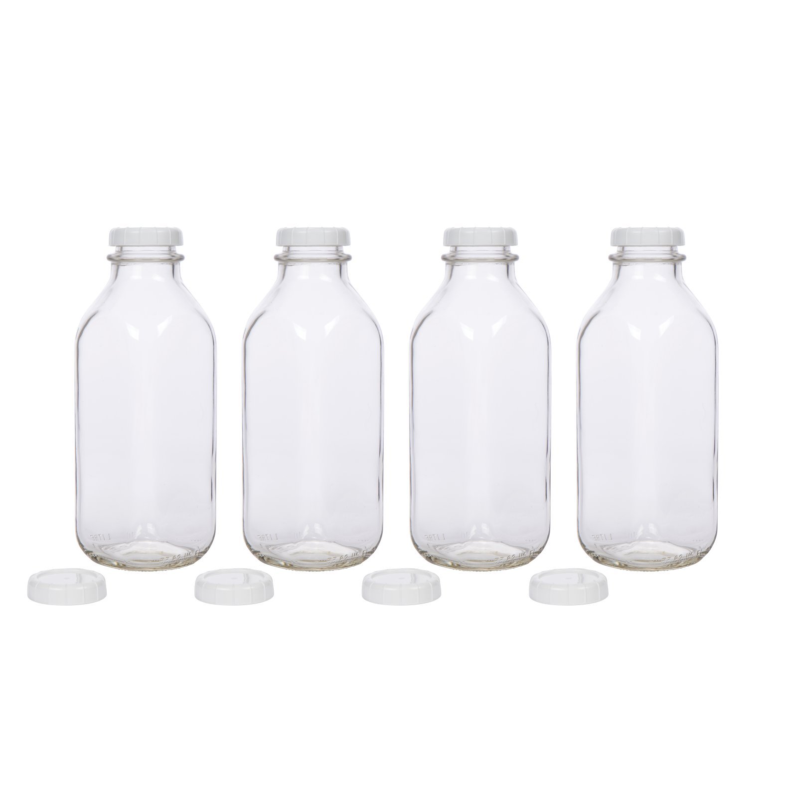 Glass Milk Bottles USA Made 33.8 oz Jugs with Extra Lids Set of 4
