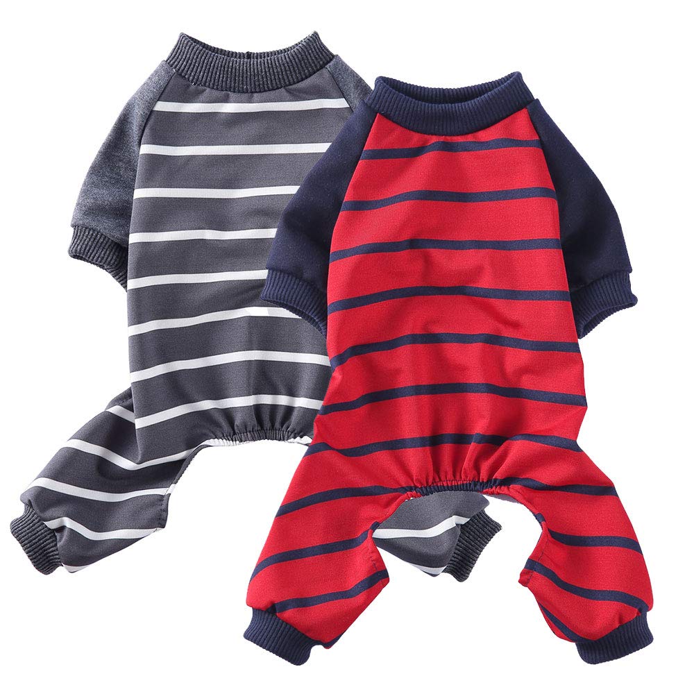 2 Pack Small Dog Pajamas, Soft Indoor Home Dog Nightclothes, Cozy Adorable Pet Stripe Clothes Jumpsuit Pjs Sleepwear Apparel for Dogs Puppy Cats
