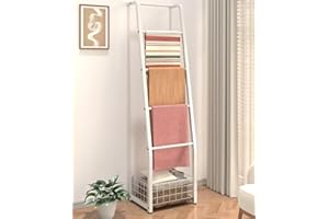Ansionsol 6.3ft Blanket Ladder with Storage Basket, 5 Tier Decorative Ladder Shelf Stand for Living Room & Bedroom, Wall-Lean