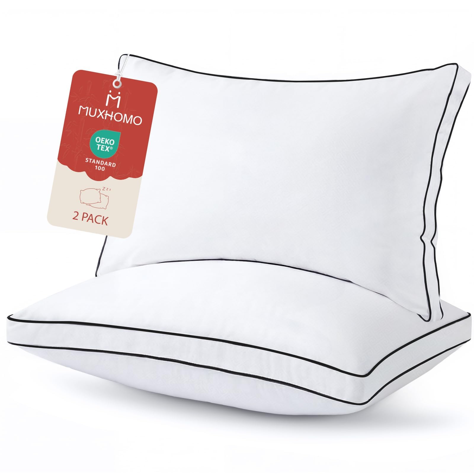 MUXHOMO Bed Pillows Queen Size Set of 2, Gusseted Sleeping Pillows for Side, Back, and Stomach Sleepers, Hotel Quality, Oeko-Tex Certified Fluffy Supportive Down Alternative Filling, White, 2 Pack