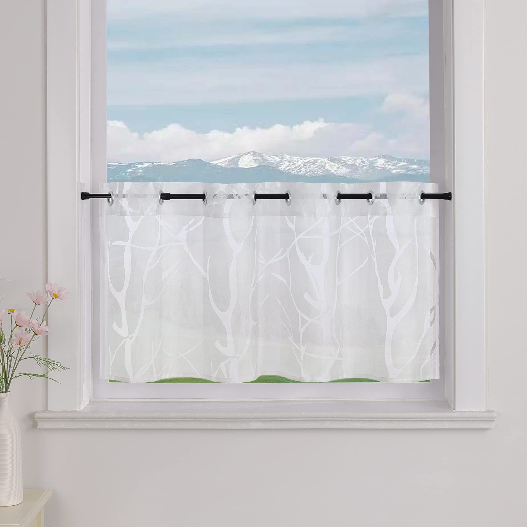 Delien Voile Net Curtain with Eyelets Bistro Curtains Country House for Kitchen Transparent Short Blinds Modern Curtain Zweig W x H 90 x 45 cm White