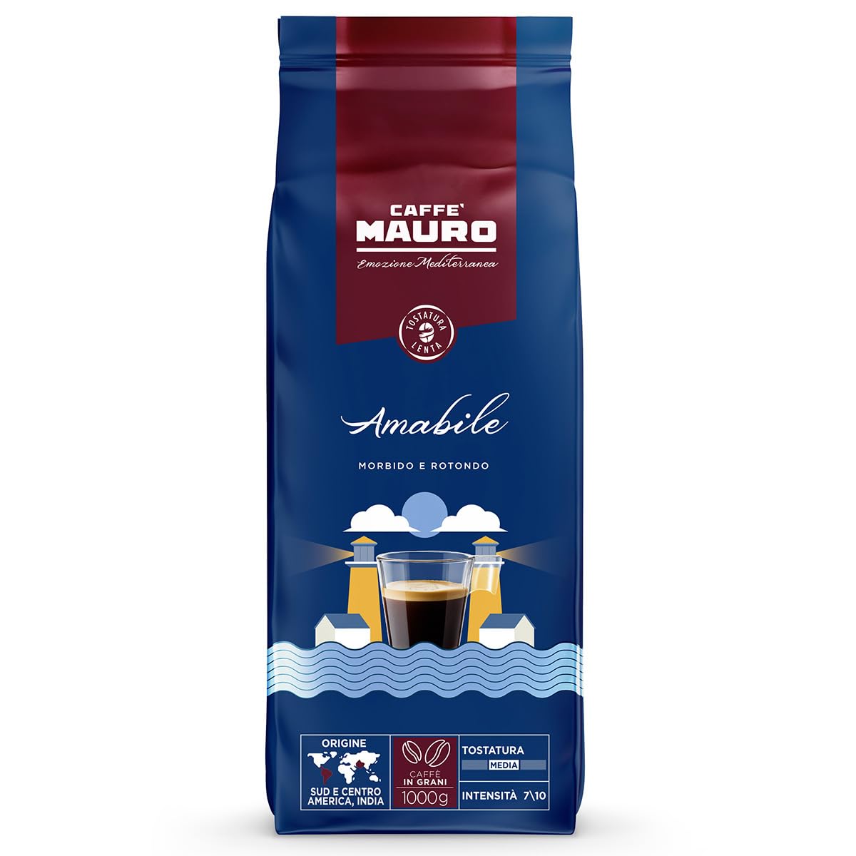 Caffè Mauro Torrefazione – Kaffeebohnen – 1 kg – Amabile Mischung – mittlere Röstung – Intensität 7/10 – hergestellt in Italien – 1kg Packung