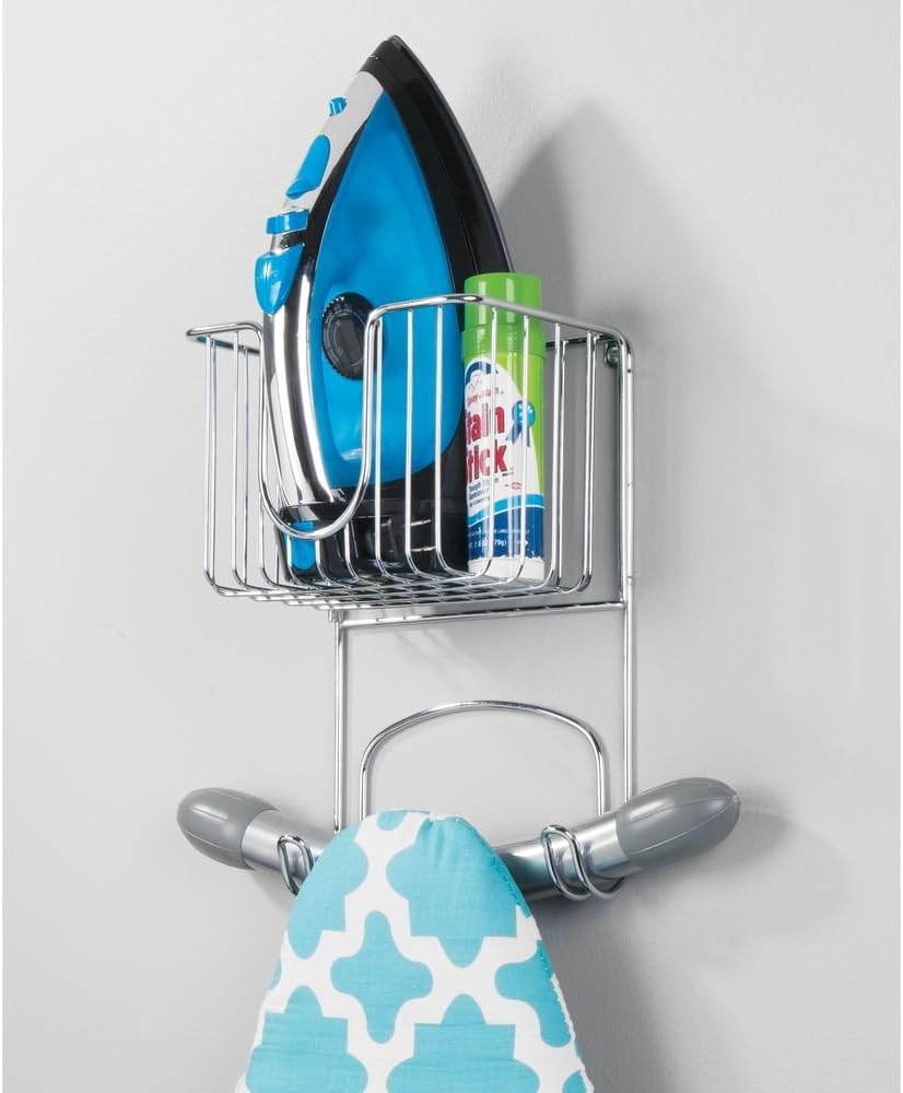 mDesign Wall Mount Metal Ironing Board Holder with Small Storage Basket - Holds Iron, Board, Spray Bottles, Starch, Fabric Refresher for Laundry Rooms - Chrome: Home & Kitchen