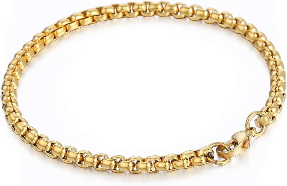 Davieslee Gold Stainless Steel Box Link Chain Bracelet for Men Womens