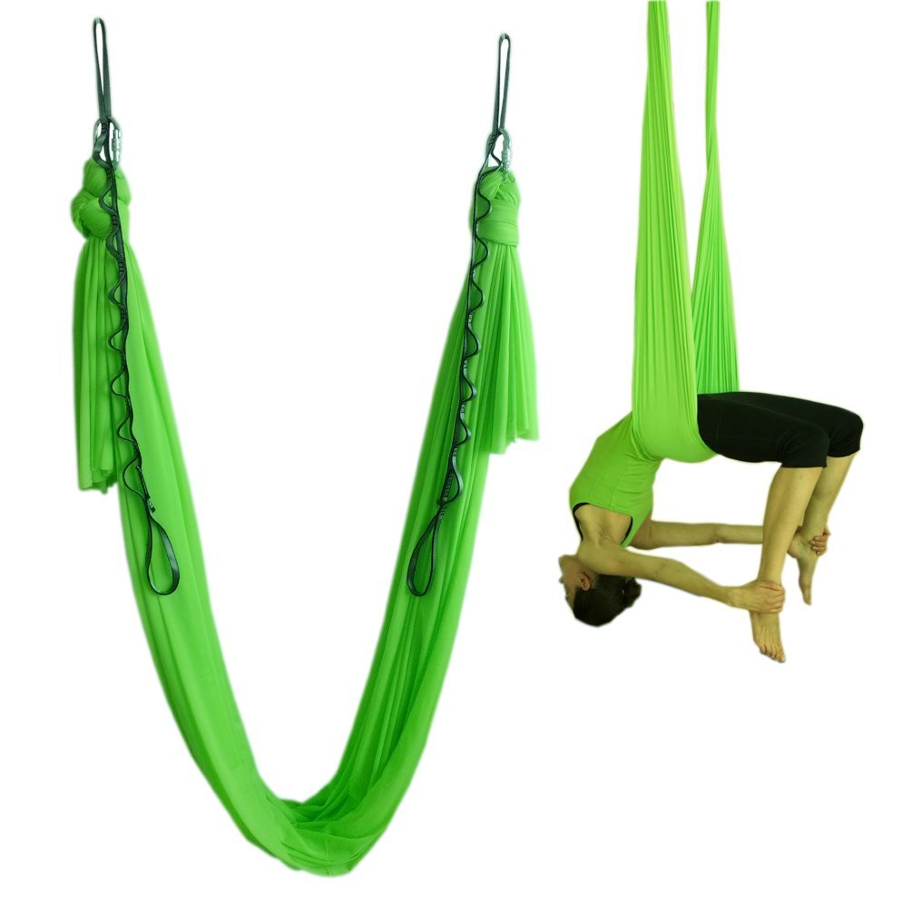 WELLSEM®5.5 Yards(5m/set) Elastic Pilates Yoga Swing Aerial Yoga Hammock with Carabiner&daisy Chain (Green)