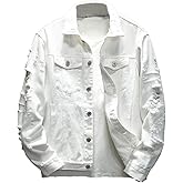 Rexcyril Men's Distressed Denim Jacket Casual Ripped Holes Button Down Trucker Jacket Jean Coat