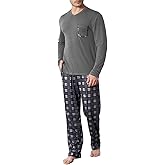 KUYIGO Mens Pajamas Set Sleepwear V Neck Long Sleeve Top and Plaid Pants 2 Piece Pjs Loungewear with Pockets