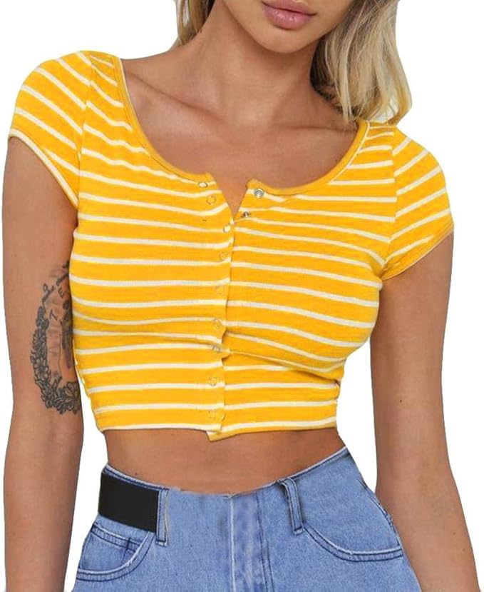 Crop Top Ladies Fashion Casual Striped Tshirts Summer Simple Estilo