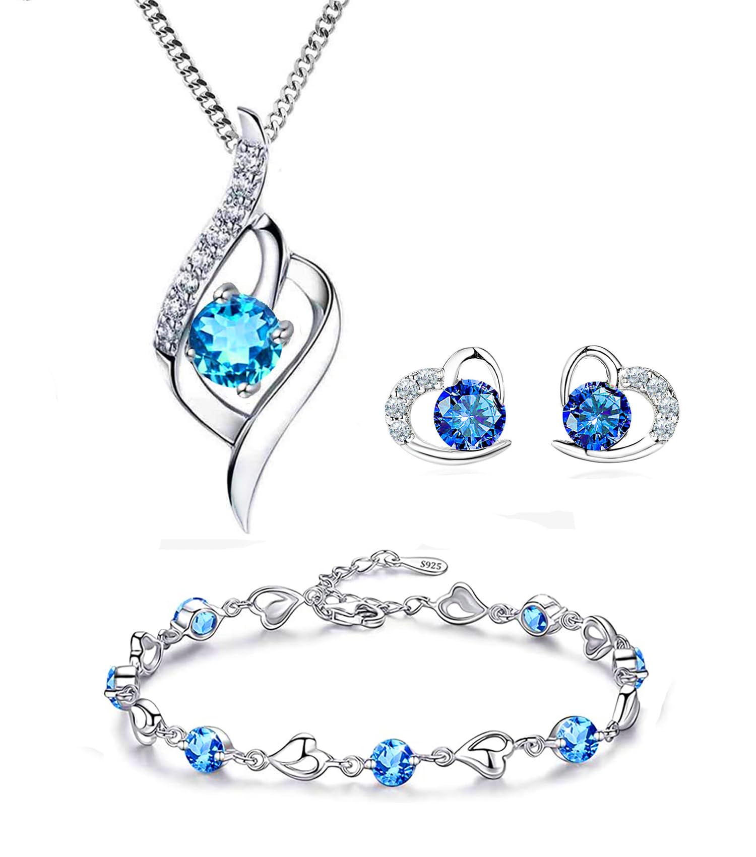 Kaguyo jewellery sets for Women Sterling Silver Heart Jewelry Set Amethyst Clear Blue Zirconia Heart Pendant Necklace and Earrings with Bracelet Crystal jewellery Sets for Women and Girls (hear blue)