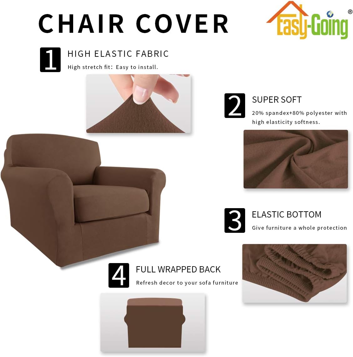 Easy-Going 2 Pieces Microfiber Stretch Couch Slipcover – Spandex Soft Fitted Sofa Couch Cover, Washable Furniture Protector with Elastic Bottom for Kids,Pet (Chair, Brown): Furniture & Decor