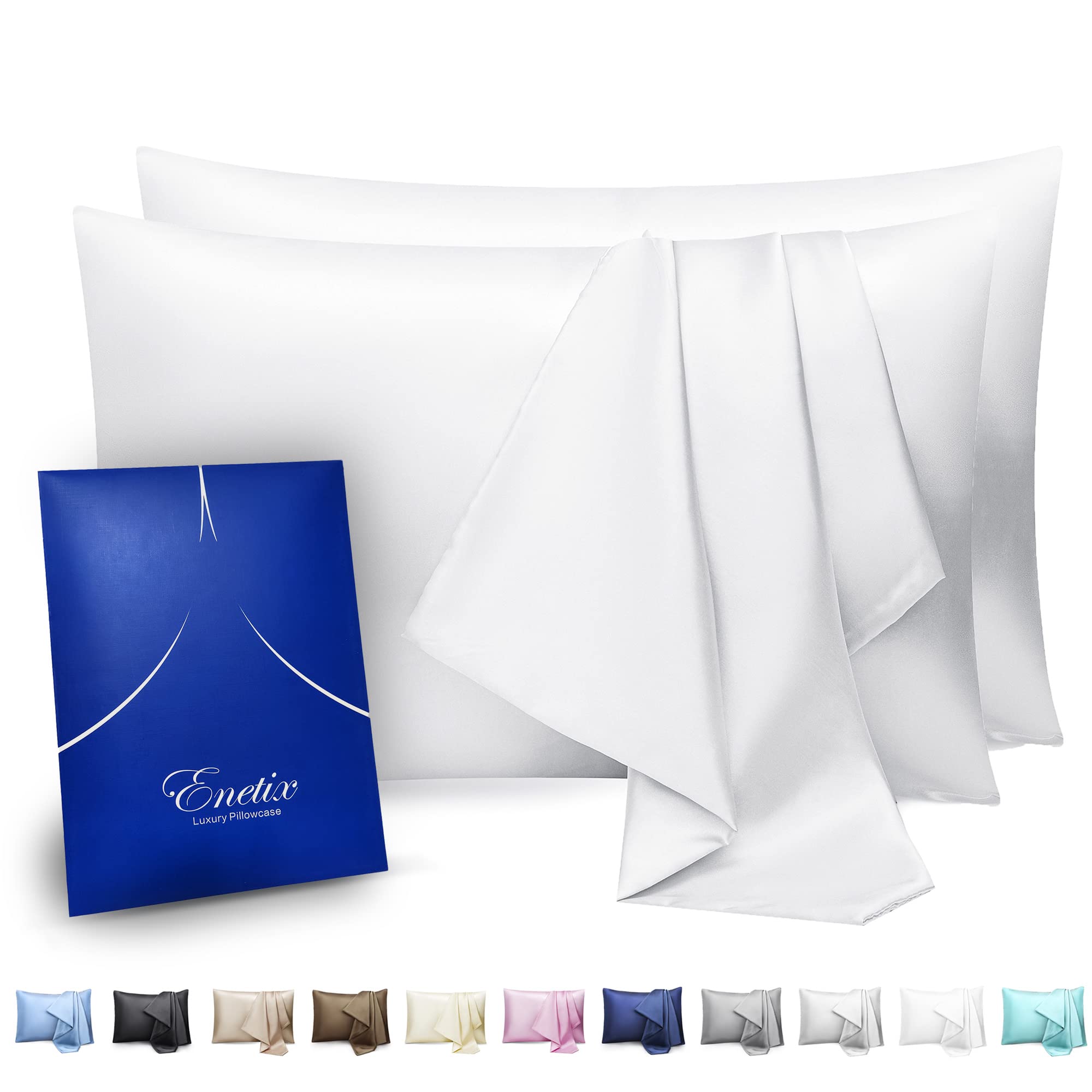 Enetix Silk Satin Pillowcase for Hair and Skin, 2-Pack with Gift Package, Acne Free Hidden Zipper Pillow Cover (Standard (50 x 75cm), White)
