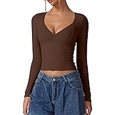 QINSEN Women's Long Sleeve V Neck T Shirts Double Lined Crop Top Seamed Cup Going Out Tops