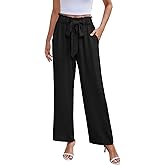 NILOUFO Women Summer Casual Wide Leg Pants High Waisted Elastic Tie Knot Boho Beach Trousers with Pockets