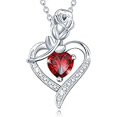 AGVANA Valentines Day Gifts Rosy Reverie Birthstone Necklace for Women Sterling Silver Genuine or Created Gemstone Rose Flower Heart Pendant Necklace Anniversary Birthday Gifts for Women Mom Wife Her