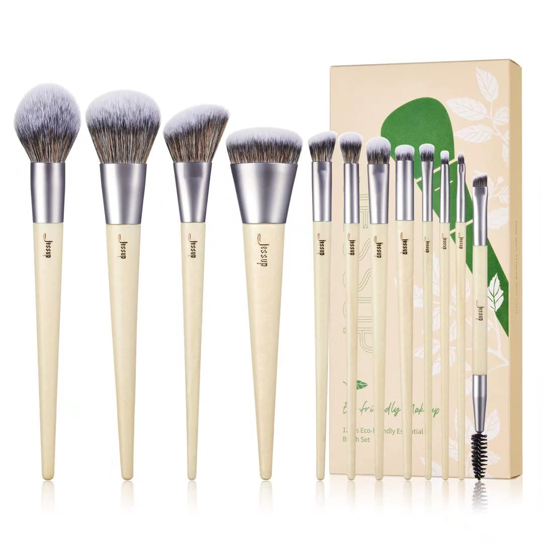 Jessup Vegan Makeup Brushes Set Premium Make up Brush Synthetic Powder Foundation Highlight Concealer Eyeshadow Blending Eyebrow Liner Spoolie Brush Set Burlywood 12pcs T327