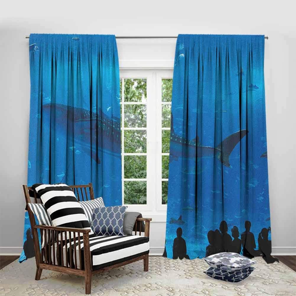 FOEYESEE Grommet Insulation Curtain Shark Japanese Aquarium Park with People Silhouettes Watching Underwater Life Hobby Image Blue Black Kids Room Living Room Dorm W63 xL63