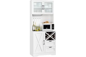 BOTLOG 71" Kitchen Hutch, Pantry Cabinet with Microwave Stand, Buffet Cabinet with Hutch, Adjustable Shelf, 3 Glass Doors, 2 Drawers, for Home, Dining Room, White