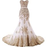 Lemai Mermaid Long Tulle Gold Lace Corset Sweetheart Wedding Dresses with Sash