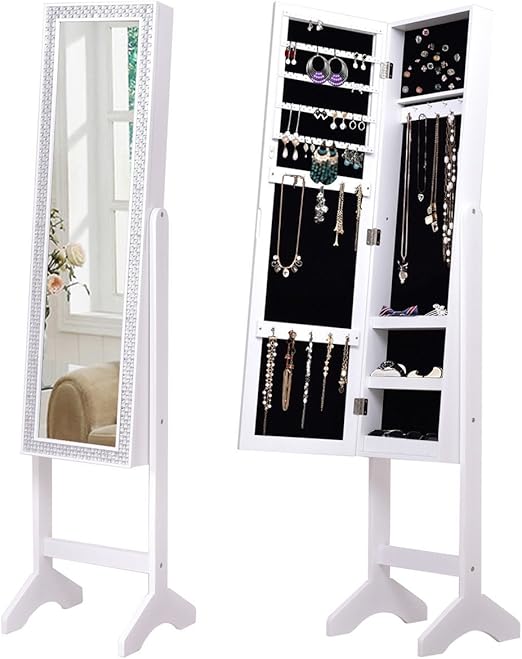 White Glam Free Standing Jewelry Armoire Box Storage Cabinet