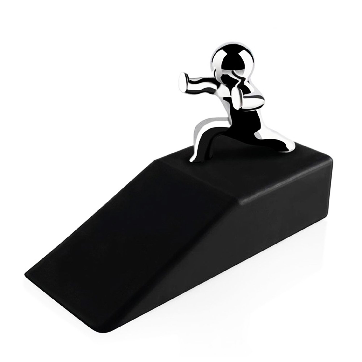 Kungfu Man Decorative Door Stopper, Black Rubber Base with Chrome Figure, Modern Design for Home and Office