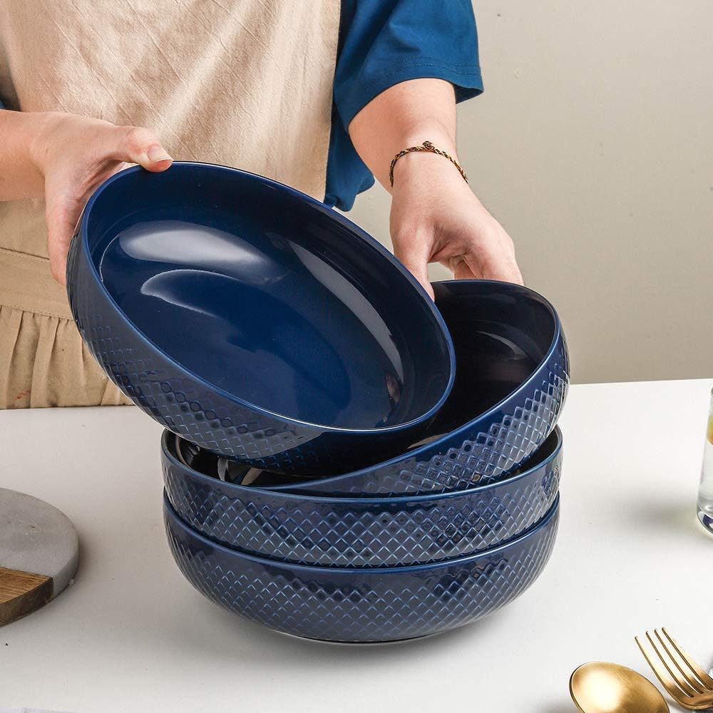 KOOV 46 OZ Pasta Bowls Set of 4, Ceramic Bowl, Large Bowl For Eating, Large Salad Bowl Set of 4, Dinner Bowls Set Microwave Safe (Aegean): Kitchen & Dining