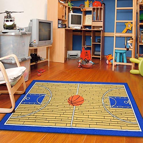 Furnish My Place 695 Basketball Blue 6'7"x9'2" Kid Play Area Rug for Bathroom, Playroom & Kindergarten Classroom, Anti Skid Rubber Backing, Basketball Court, Rectangle, Blue