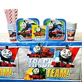 Thomas the Tank Engine Party Supplies Pack for 16 Guests: Straws, Dessert Plates, Beverage Napkins, Cups, and Table Cover