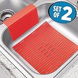 mDesign Silicone Kitchen Sink Protector Mat and Divider - Set of 2, Red
