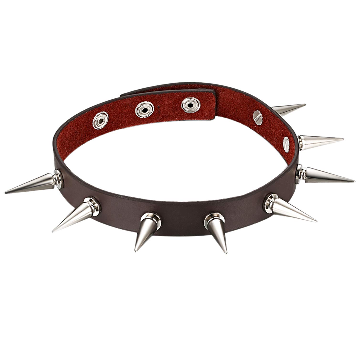 Cupimatch Gothic Rivets Adjustable 3 Button Leather Necklace Choker Punk Rock Alloy Stud Spike Collar Belt for Women Men (Brown)