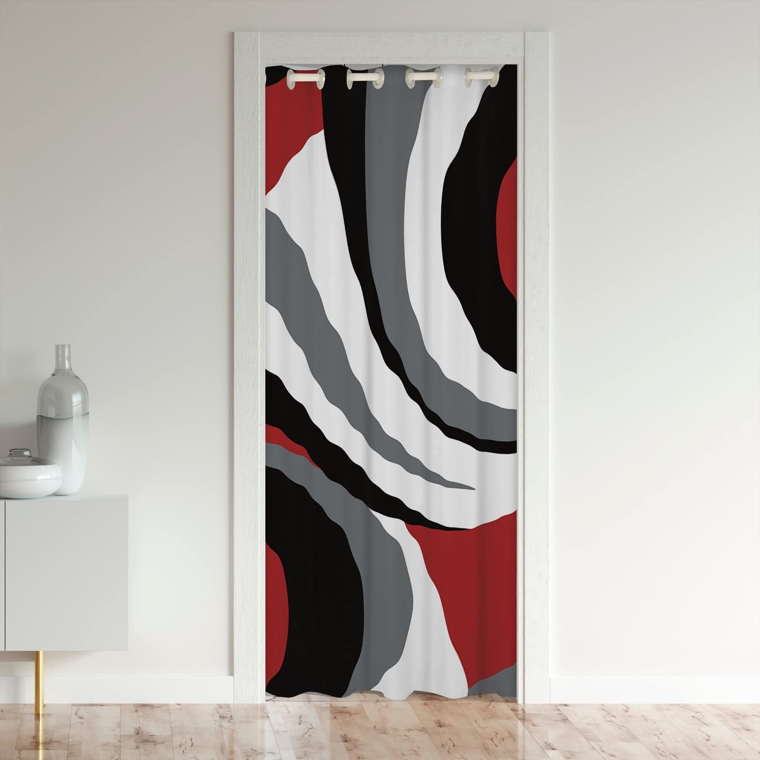 Loussiesd Red Grey Black Stripes Privacy Heat Blocking Blackout Door Curtain For Doorway-Geometric Modern Room Darkening Drape For Windows-132x203cm1Panel