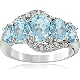 GemStar USA Sterling Silver Blue Topaz & White Topaz 5-Stone Wide Band Ring for Women, Size 5-10