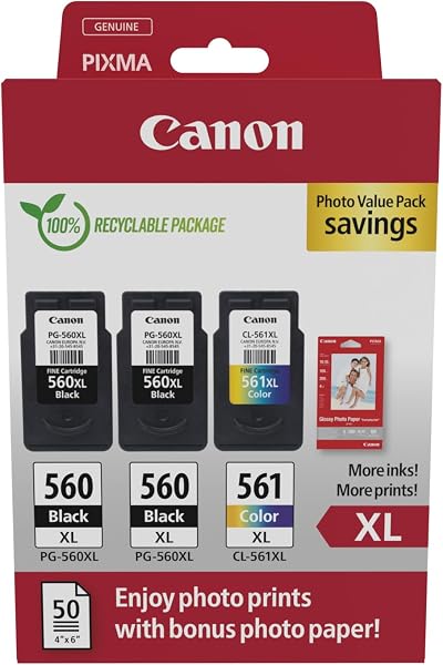 Canon PG-560XL CL-561XL Ink Cartridges High Yield 3 Pack + Photo Paper